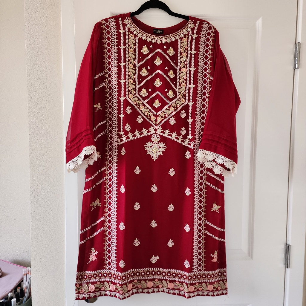 New Agha Noor Red 3 Piece Pakistani Suit Large 46"